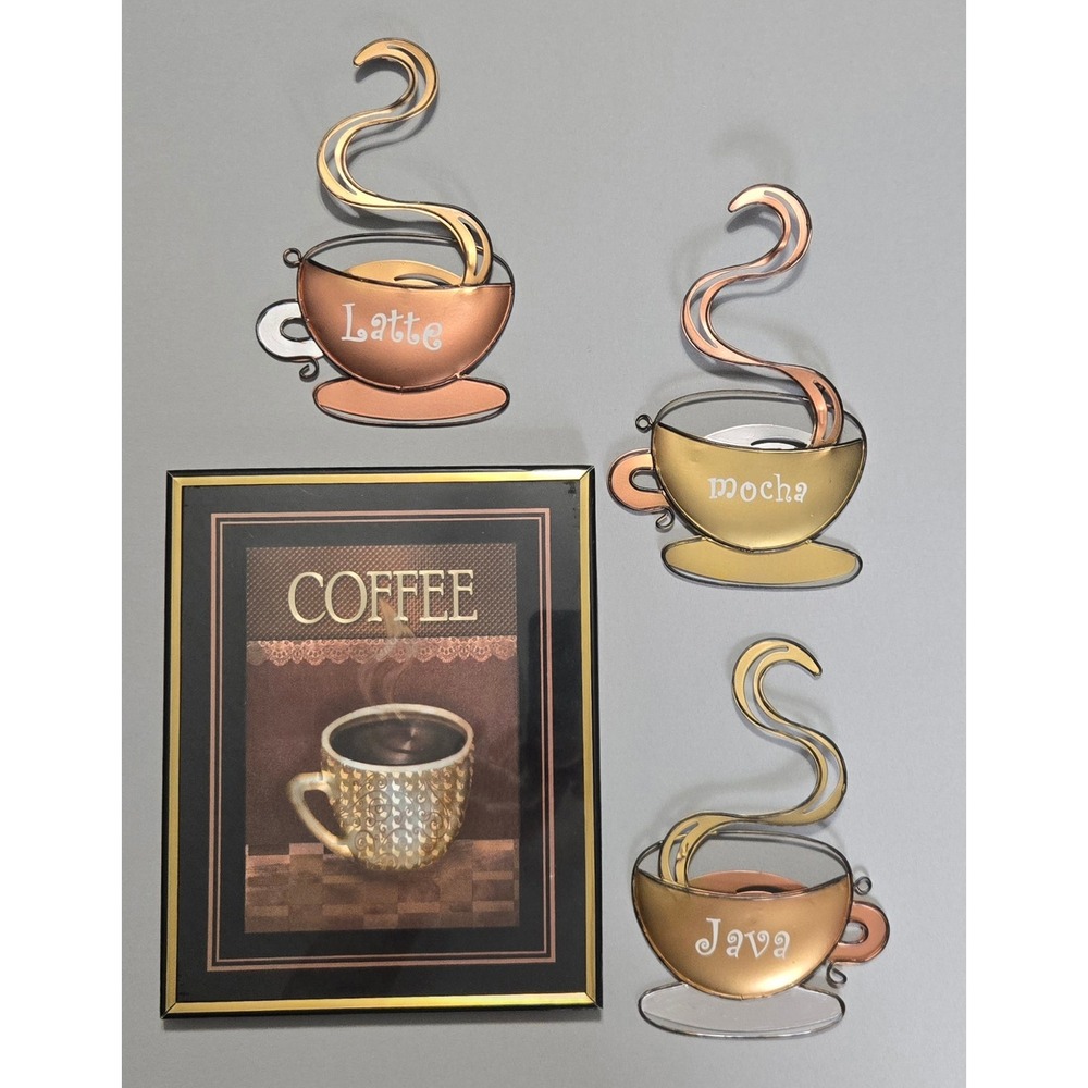Coffee Bar Wall Art Set Metallic Latte Mocha Java Station Espresso Kitchen Cafe